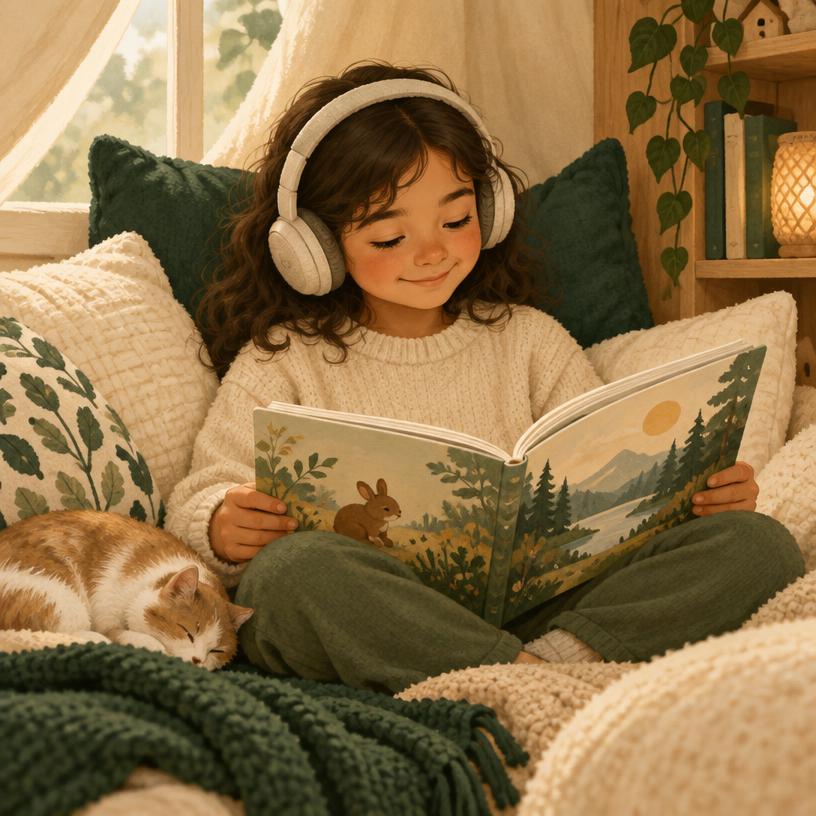 A calm child wearing headphones, reading a picture book in a cosy reading corner