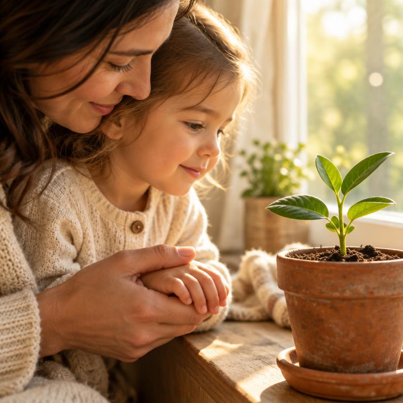 A parent and child gently looking after a small green plant together by a window